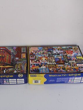 Set of 2 Springbok Puzzles * 1 Complete 1 Missing 2 Pieces * What's On TV + NYC